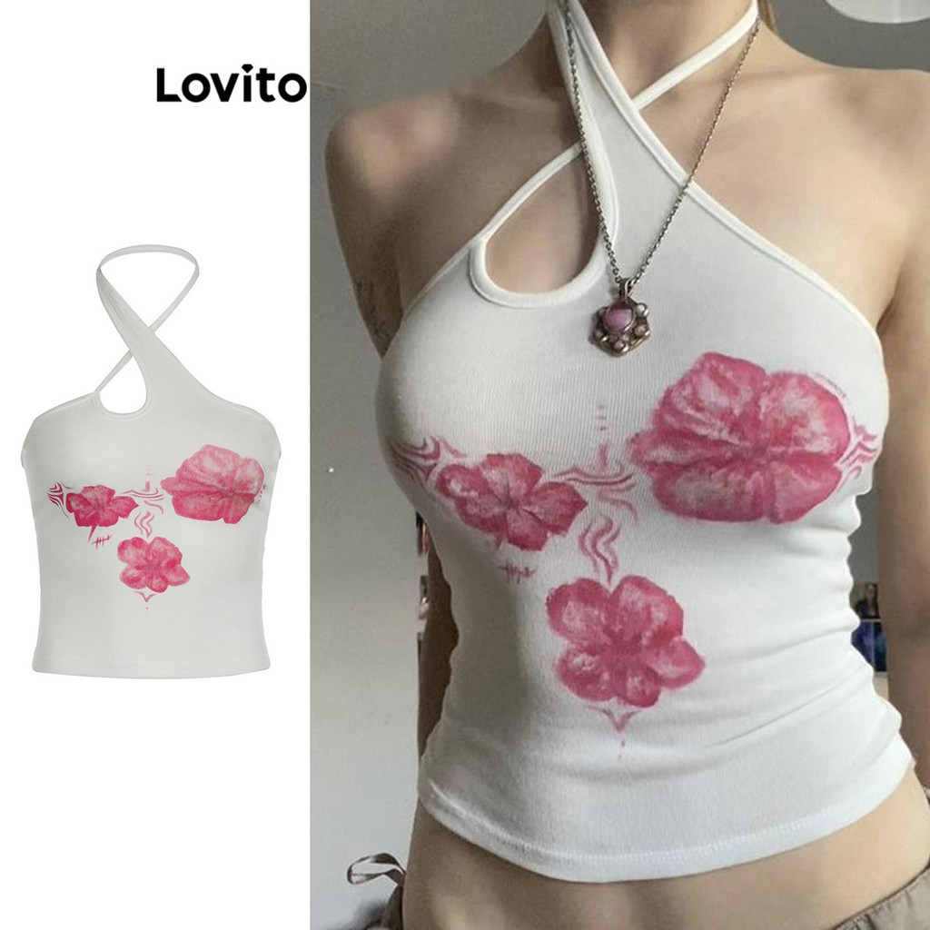 Lovito เสื้อคล้องคอผู้หญิง สีพื้น แบบพิมพ์ลาย LNA70067