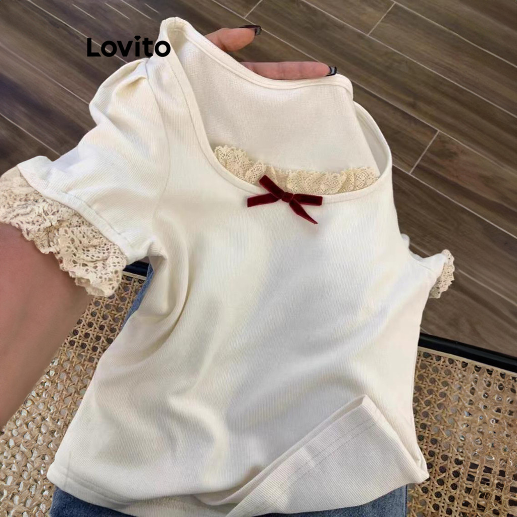 Lovito เสื้อยืดผู้หญิง แต่งโบว์ สีพื้น สไตล์ลำลอง LNA57035