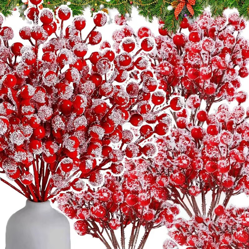 การจําลองคริสต์มาส Holly Snowy Red Berries - โฟมสาขาปลอมพืช Berry เครื่องประดับ - DIY Xmas Party ดอกไม้ปลอมตกแต่งของขวัญ - ปีใหม่ผลไม้เทียม Berries Decor