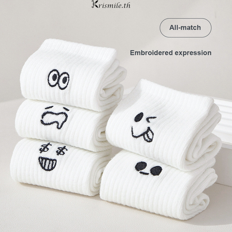 COD-ในไทย Unisex ถุงเท้ากีฬา Ins แฟชั่นถุงเท้าสไตล์ญี่ปุ่นกลางกระบอกการ์ตูน Emoji ถุงเท้า-Kri