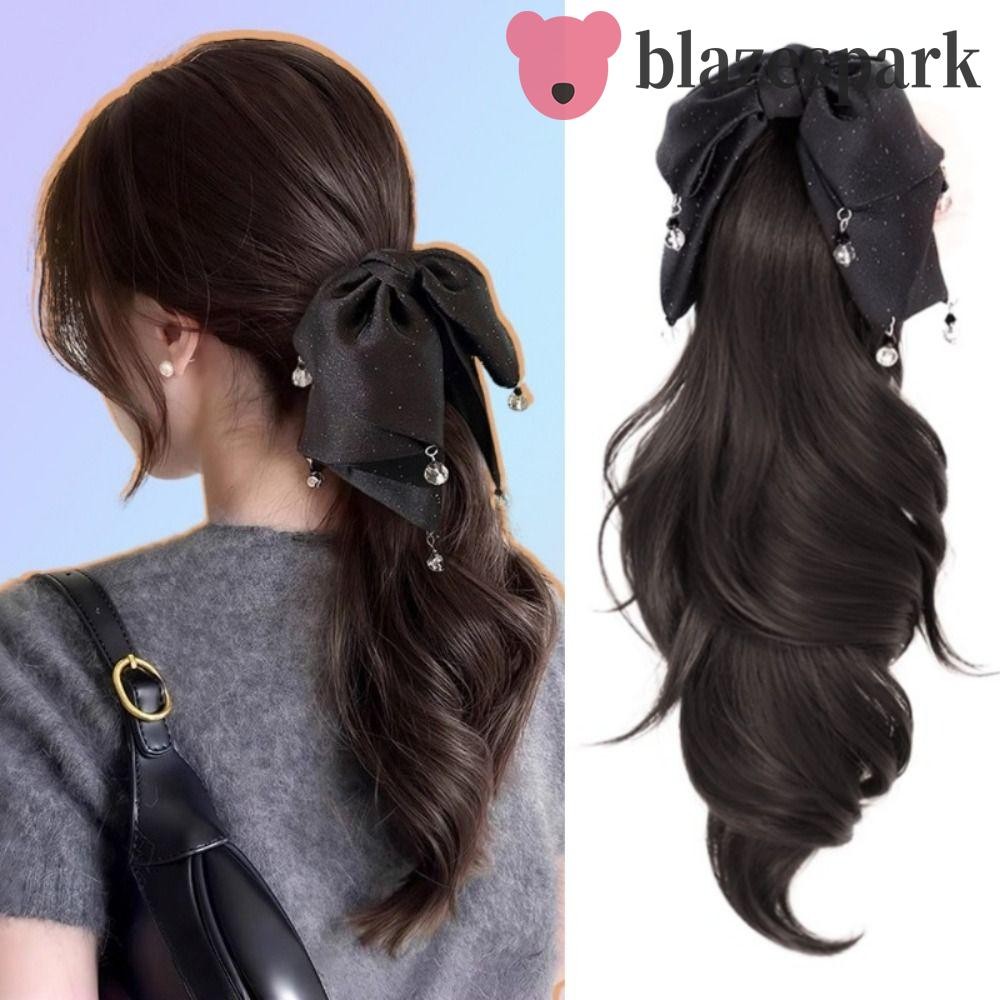 Blazespark พู่โบว์วิกผมหางม้า,ต่อผมครึ่งTied Wavy Claw หางม้า,เครื่องประดับผมอ่อนโยนปุยหวาน Pony Tail Hairpiece Party
