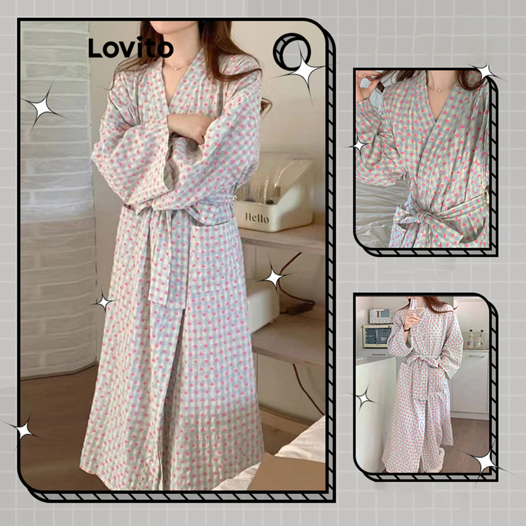 Lovito เสื้อคลุมลาย ผ้าฝ้ายลายตาราง ลำลองสำหรับผู้หญิง LNA74135