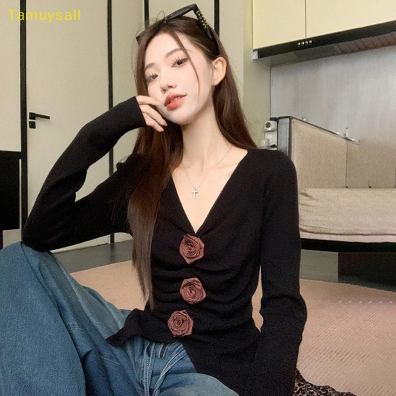 [TAMU] เสื้อสเวตเตอร์ถักนิตติ้งคอวีลายดอกไม้ย้อนยุคของผู้หญิง YSA