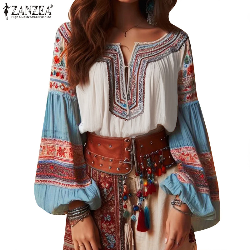 Zanzea เสื้อเชิ้ตแขนยาวพิมพ์ลายคอลูกเรือลําลองสไตล์วินเทจสําหรับผู้หญิง
