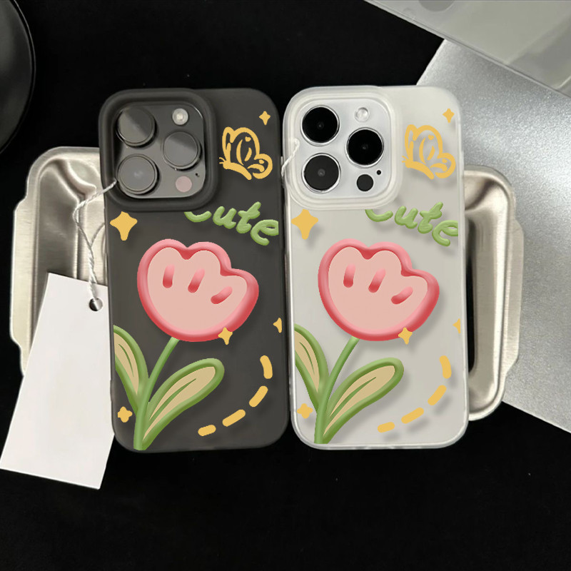 Poppa หรูหราหลุมขนาดใหญ่ Frosted สําหรับ IPhone 7Plus 11 14 15 13 12 Pro MAX XR 16 8 Plus XS MAX Xการ์ตูนทิวลิปวาดสีสัน