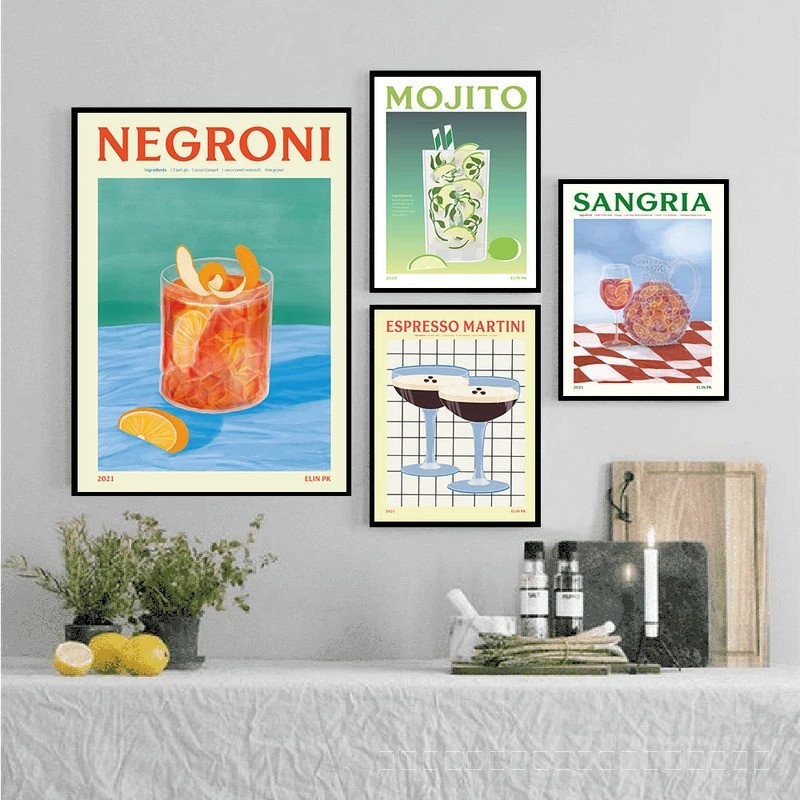 ผลไม้การ์ตูนสไตล์น้ำผลไม้ Aperol Spritz โปสเตอร์และพิมพ์ sangria เครื่องดื่ม Negroni ผ้าใบจิตรกรรมคลับบาร์ร้านค้าตกแต่งบ้านของขวัญ