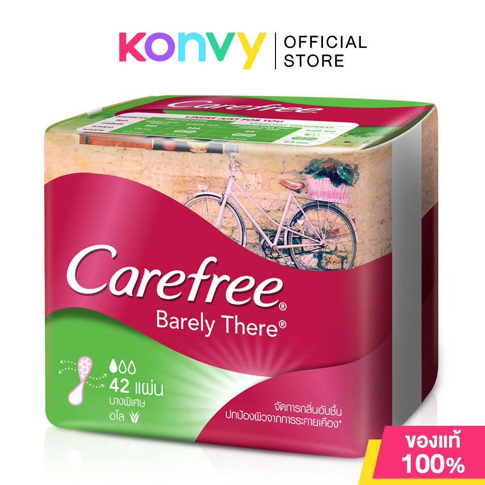 Carefree แผ่นอนามัย Barely There Aloe 42pcs แคร์ฟรี แบร์ลี่ แดร์ อโล แผ่นอนามัย โปร่งสบาย บางเพียง 0.8 มม..