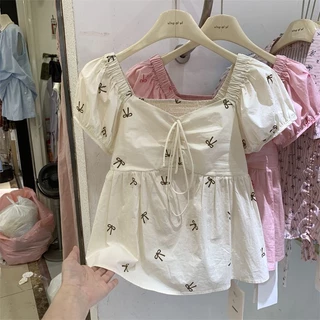 🧡LINNA🧡เวอร์ชั่นเกาหลี แขนสั้น เสื้อเชิ้ต โบว์ หวาน แฟชั่น ปลอกคอสแควร์
