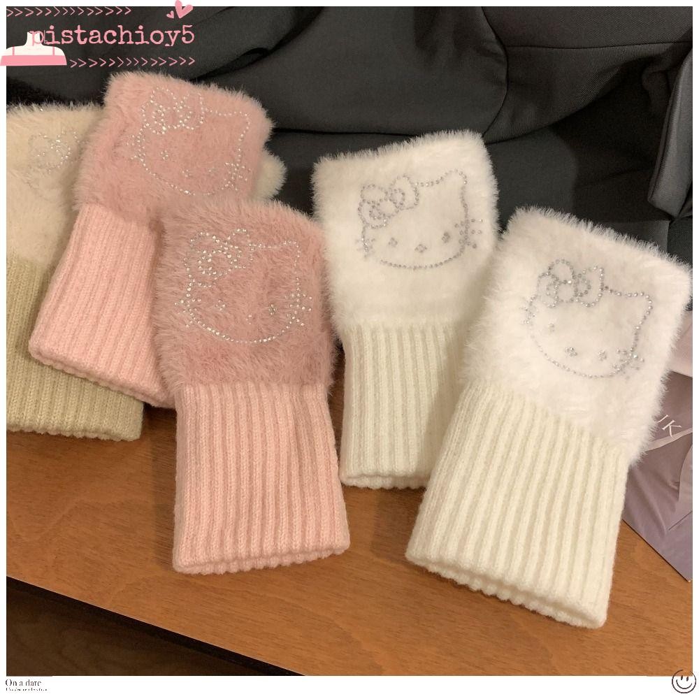 Pistachio Fingerless Mittens, Plush Hello Kitty Half Finger Gloves, Warm Mink Fleece Thicken Fingerless Gloves