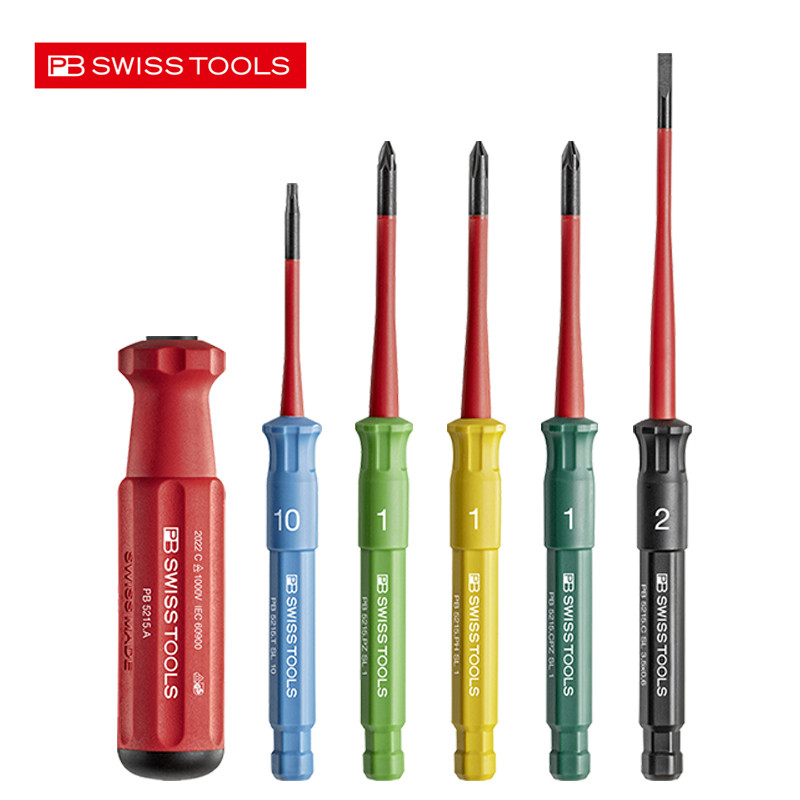 Pb SWISS ฉนวนเปลี่ยนใบมีดได้ Handle Slim ไขควงสําหรับสกรูผสม Phillips/Slotted NO.PB 5215A VDE