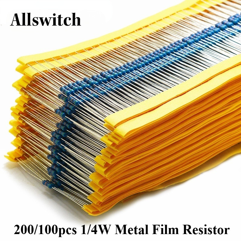 200/100pcs 1/4W ตัวต้านทานฟิล์มโลหะ 1% 1R-1M 100R 220R 1K 1.5K 2.2K 4.7K 10K 22K 47K 100K 100 220 1K5 2K2 4K7 1M Ohm ความต้านทาน