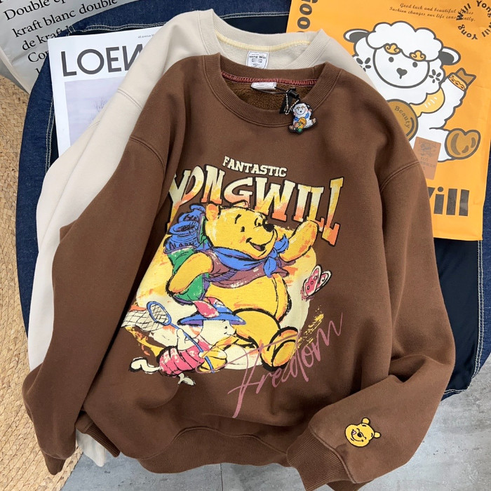 เสื้อสเวตเตอร์แขนยาวลายหมีพูห์วินนี่ vintage เสื้อคลุมหลวมสำหรับผู้หญิง เสื้อสouter แฟชั่นฤดูหนาว