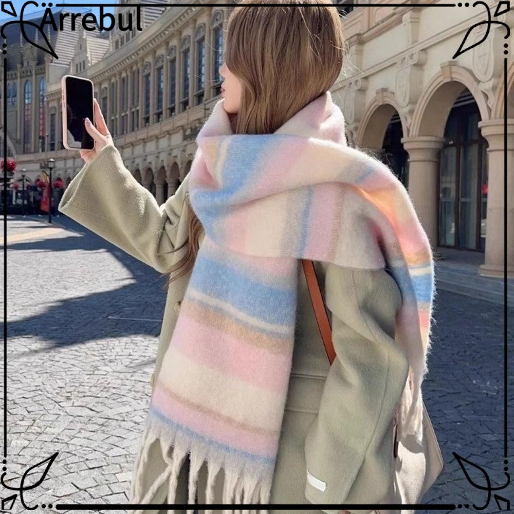 Arrebul ผ้าพันคอลายทางสีสันสดใส, ผ้าพันคอแคชเมียร์เลียนแบบแฟชั่นย้อนยุค, ผู้หญิงอเนกประสงค์สไตล์ Maillard Thicken ผ้าคลุมไหล่อุ่น