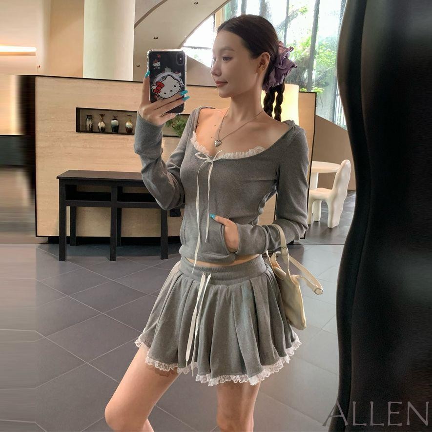 ทุกอย่าง-สตรีชุดกระโปรงฤดูใบไม้ร่วงสแควร์คอแขนยาวลูกไม้ผูกโบว์เสื้อกันหนาวหมวกเสื้อกันหนาวที่มีกระเป๋าและเอวยางยืดชุดกระโปรงสั้น