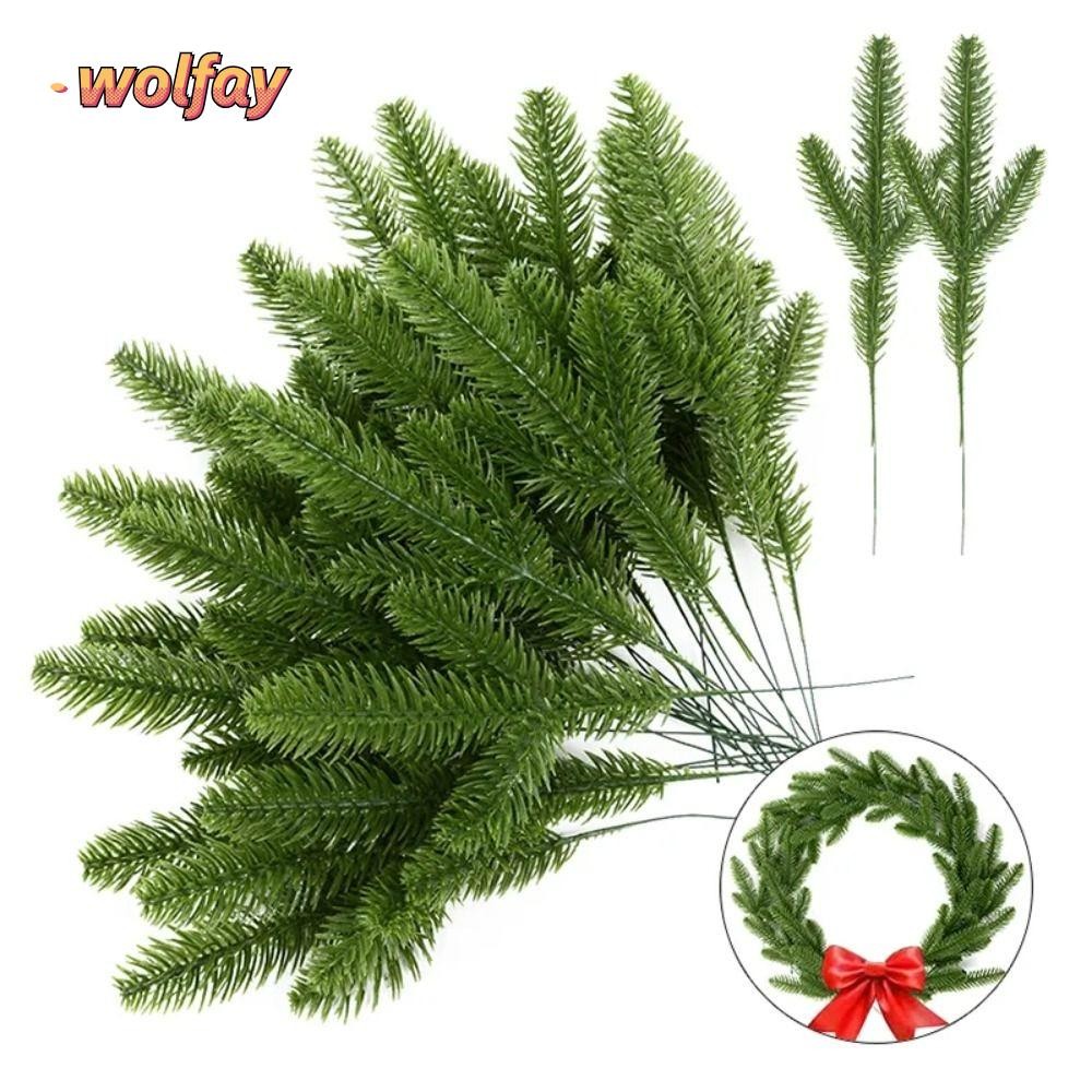 Wolfay กิ่งสนประดิษฐ์ 24 ชิ้น, เครื่องประดับต้นคริสต์มาสสีเขียวสาขาสนต้นคริสต์มาส, พวงหรีด DIY บ้านอุปกรณ์การจัดดอกไม้ พวงหรีดคริสต์มาส