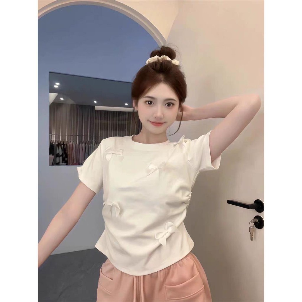 Anata เสื้อเชิ้ต สีพื้น โบว์หวาน สีชมพู แขนสั้น สไตล์กระโหลก ทรงสลิมฟิต เสื้อสั้น