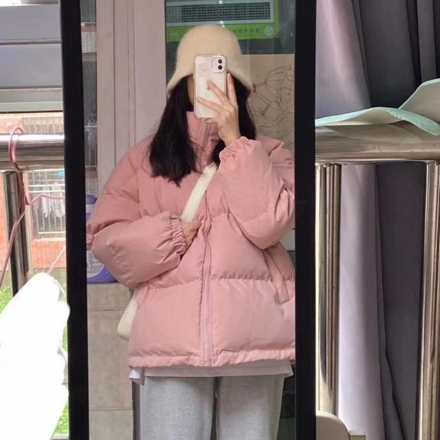 เสื้อโค้ทสั้นลงแจ็คเก็ตหญิงใหม่ฤดูใบไม้ร่วงฤดูหนาวหนาเสื้อหญิงนักเรียนขนาดเล็กเวอร์ชั่นเกาหลีชุดขนมปังสีชมพู