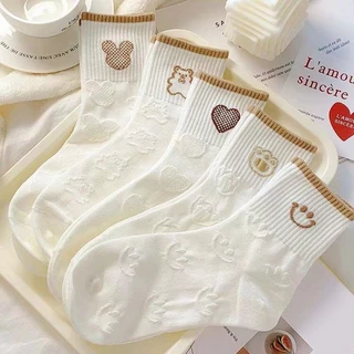 พร้อมส่ง : ถุงเท้า ข้อกลาง ขาวขอบบราวน์ 5 คู่ ลายมินิมอล แฟชั่น ลายน่ารักเนื้อผ้านุ่ม