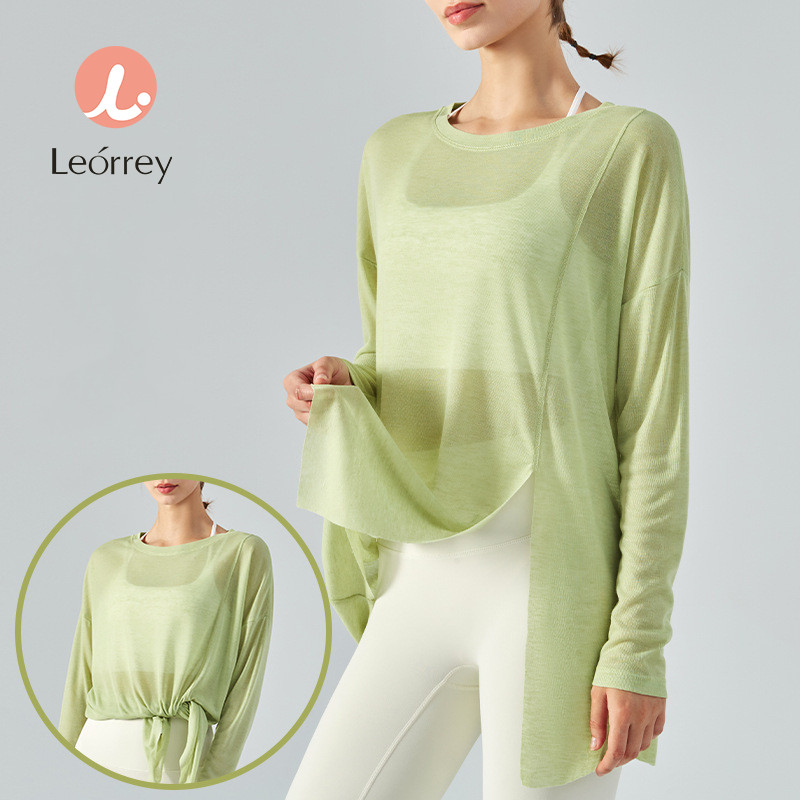 Leorrey-โยคะ เสื้อแขนยาวกีฬาท็อปส์วิ่งออกกำลังกายน้ำหนักเบาหลวม