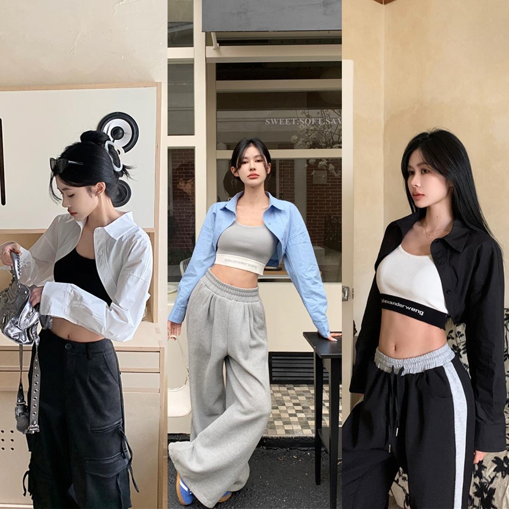 🌻Grace🌻 เสื้อแขนยาวสไตล์เกาหลี เสื้อเชิ้ตผู้หญิง เสื้อครอป เสื้อแขนยาวสีขาว #W415