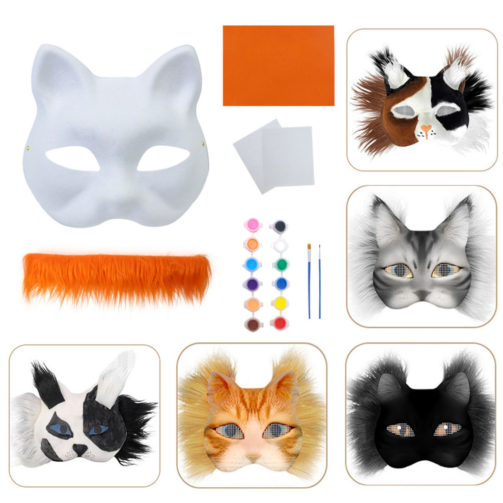 ความเป็นอยู่| ชุดหน้ากากแมวสัตว์เลี้ยง DIY สีขาว ปรับขนาดได้ พร้อมตาตาข่าย ขน มารยาท เหมาะสําหรับเด็กและผู้ใหญ่ หน้ากากยังไม่เสร็จ