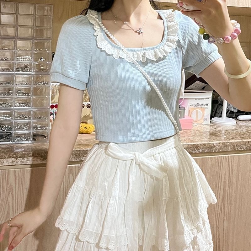 🧡LINNA🧡ลูกไม้ แขนสั้น เสื้อเชิ้ต สีทึบ เวอร์ชั่นเกาหลี หวาน
