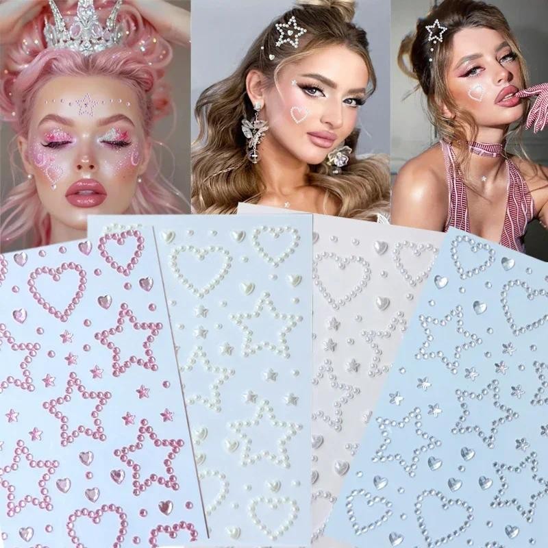 Jewels สติกเกอร์สีขาว Argent สีชมพู Star อัญมณีสติกเกอร์ DIY Y2K ผู้หญิงปาร์ตี้เวทีคอนเสิร์ตคอสเพลย์แต่งหน้าสักปลอม
