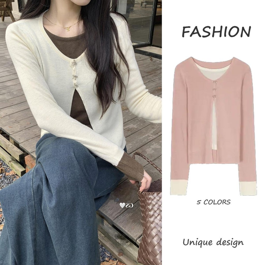 mimi&didi#เสื้อไหมพรมแขนยาวผู้หญิง สีตัดกัน เสื้อสลิมฟิตสองชิ้นปลอม สไตล์น่ารักหวานๆ แฟชั่นฤดูใบไม้ร่วงและฤดูหนาว#08067 ราคา ถูกที่สุด ดีลบีเคเค รูปภาพหลัก