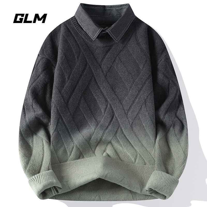 กลุ่ม Senma GLM ฤดูใบไม้ร่วงฤดูหนาวเสื้อคอปกหลวมไล่โทนสีสีเสื้อถักปลอมสองชิ้นผู้นําเสื้อกันหนาวผู้ชา