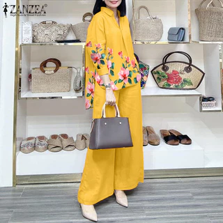 ZANZEA ใส่ ซานเซีย ผู้หญิงเกาหลีพิมพ์เปิดลงปกโคมไฟแขนปุ่มข้อมือชุดสองชิ้น