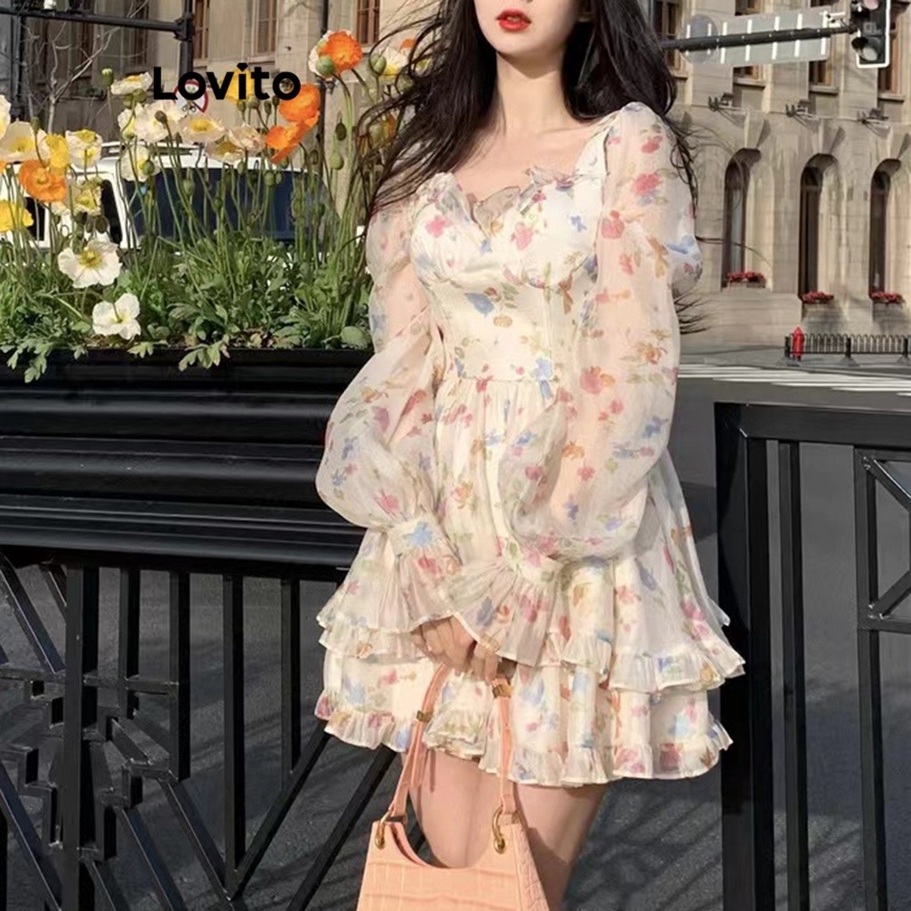 Lovito ชุดเดรสผู้หญิง ระบายสองชั้น สีพื้น สไตล์ลำลอง LNE27260 (สีออฟไวท์)