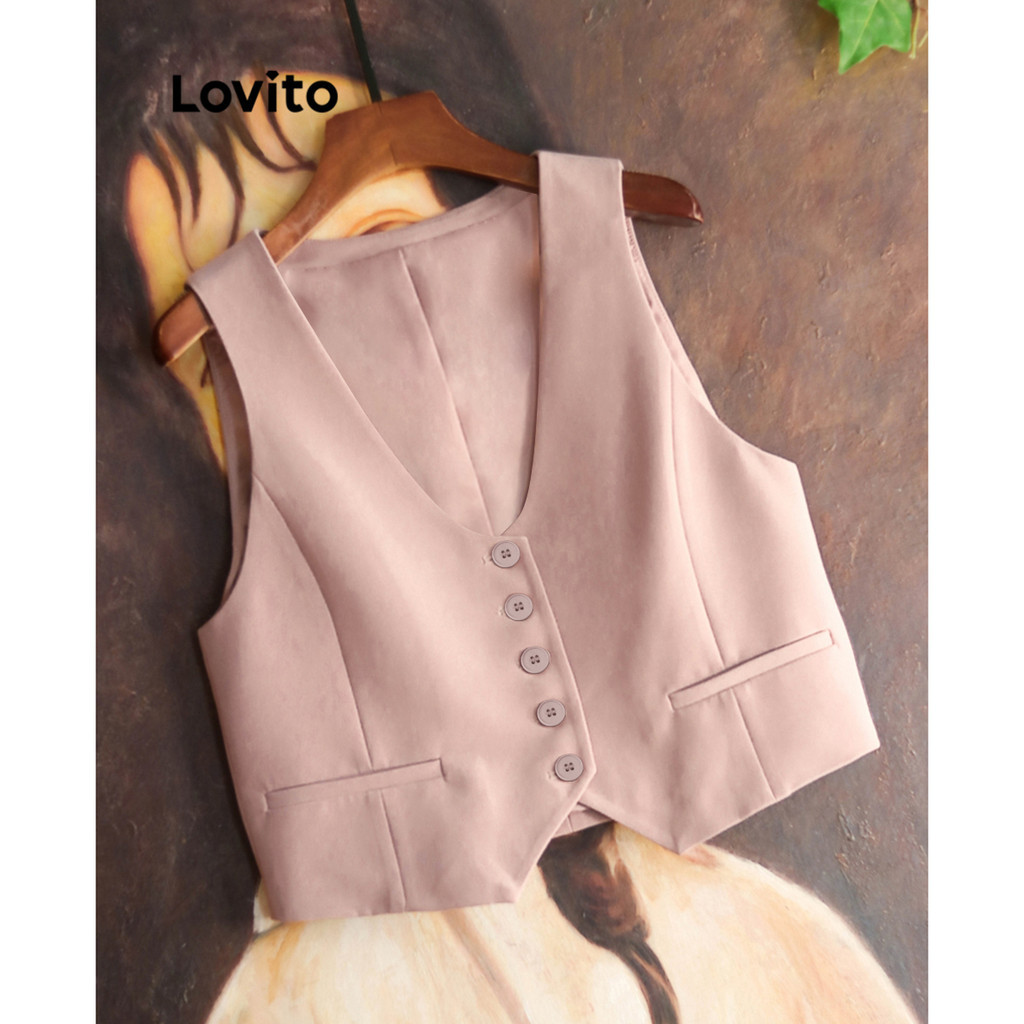 Lovito เสื้อแขนกุดผู้หญิง กระดุมหน้า สีพื้น สไตล์เซ็กซี่ LNE57304