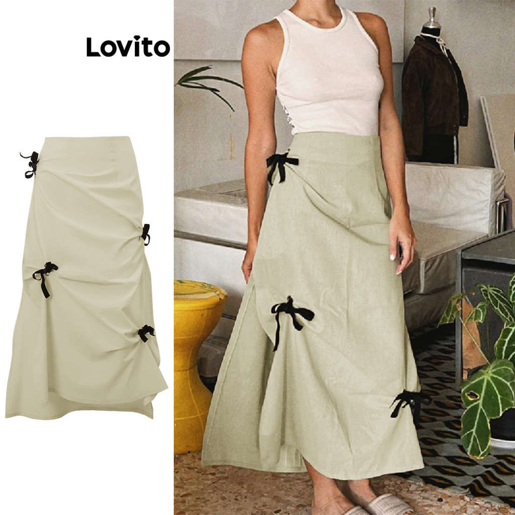 Lovito กระโปรงผู้หญิง ผ่าหน้า สีพื้น แต่งโบว์ สไตล์หรูหรา LNL196