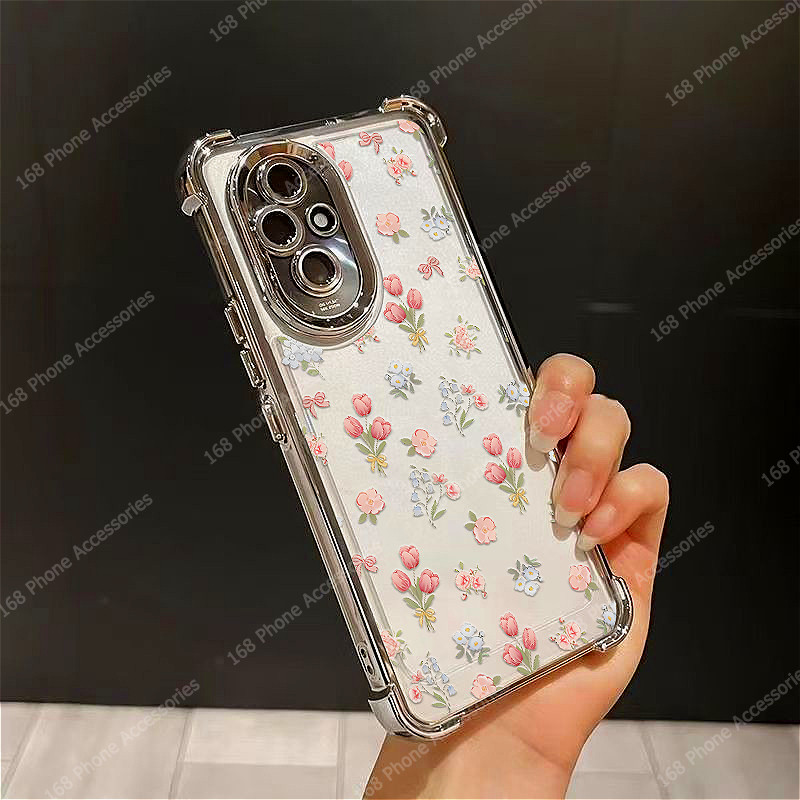 เคส Honor 200 Pro เคส Honor 200 5G เคสสีชมพูขนาดเล็กเปลือกดอกไม้กันกระแทกพร้อมกล้องเลนส์ป้องกันเคสโทรศัพท์ถุงลมนิรภัยหนาวัสดุชุบกันกระแทก