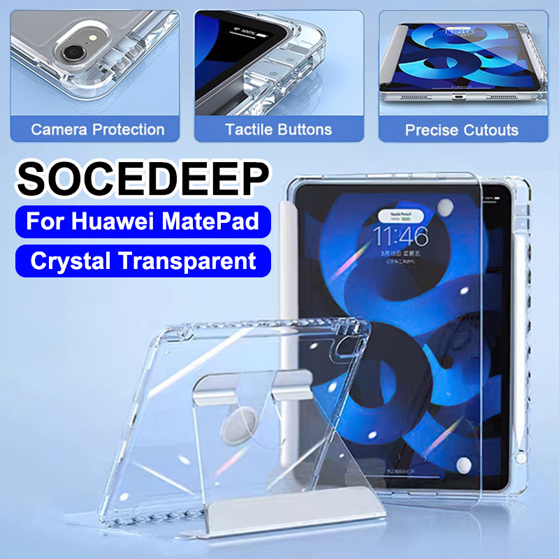 Socedeep สําหรับ Huawei MatePad SE 11 MatePad Air 11.5S 11.5 Pro11 MatePad11 360° หมุนยืนคริสตัลใสอะคริลิกรณีฝาครอบป้องกันพร้อมที่ใส่ดินสอเปลือกป้องกัน