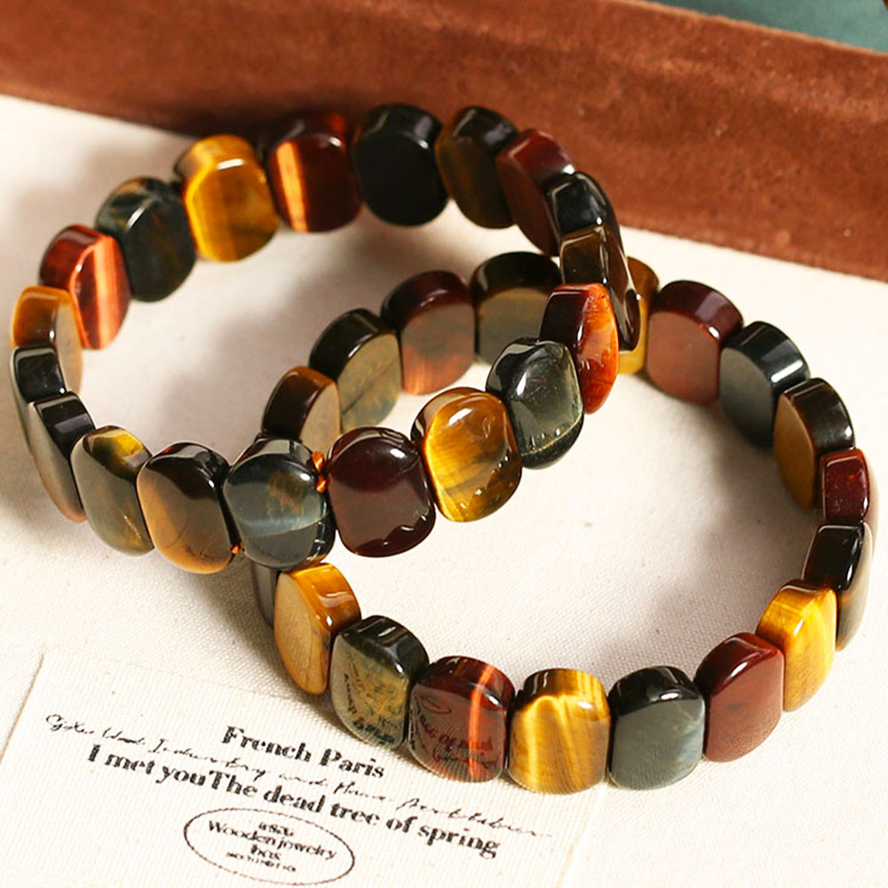 ธรรมชาติสี Tiger Eye หินสแควร์ลูกปัดกําไลข้อมือแฟชั่น Healing Fengshui Handing ตกแต่งของขวัญ