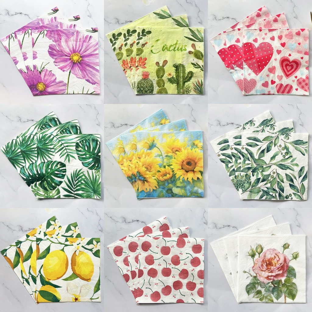 20 ชิ้น 33*33 ซม. 2 ชั้น Colourful ผ้าเช็ดปากดอกไม้สไตล์ Party ตกแต่งกระดาษ Placemats