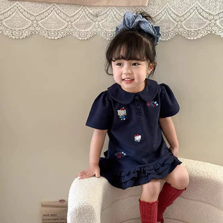 🧸 ส่งจากไทย🧸สไตล์เกาหลี ชุดเด็กผู้หญิง Hellokitty Polo ฝ้าย ชุดเจ้าหญิง ชุดเด็กผู้หญิงฤดูร้อน 1-9ปี ดำ ชุดดําเด็ก