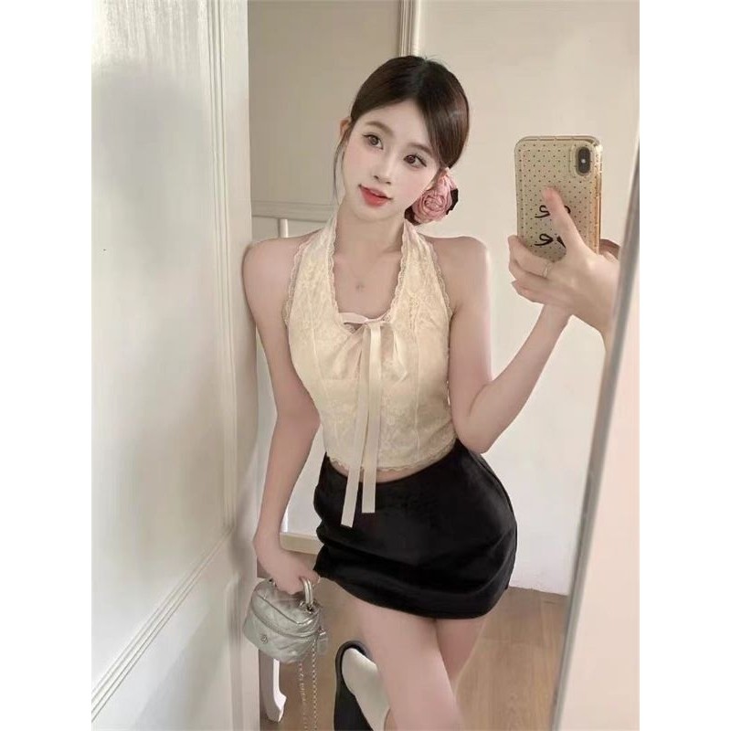 Elves พร้อม💟เสื้อกล้ามลูกไม้ ฟองน้ำในตัว ดีเทลห้อยคอ ผูกสายหน้าอก ว้าวหลัง เซ็กซี่เบาๆ สีพื้น เซ็กซี่ 