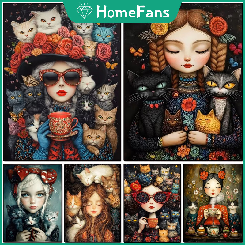 HFชุดภาพวาดเพชรดอกไม้แมวสาวเหมาะสําหรับผู้เริ่มต้นที่สมบูรณ์แบบสําหรับของขวัญโฮมออฟฟิศสําหรับวันแม่ปีใหม่อีสเตอร์