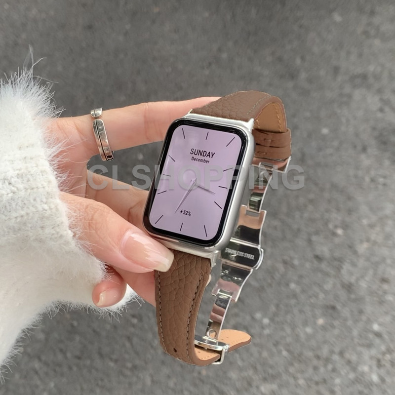 สายหนังแท้สําหรับredmiนาฬิกา 5 Active 4 3 lite Xiaomi Smart band 9pro mi band 8 pro 22 มม.โลหะสแตนเลสผีเสื้อหัวเข็มขัดสําหรับผู้ชายผู้หญิงS4 S3 S2 S1 46 มม.GT GTS Bip