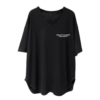 【พลัสไซส์】(40-150 กก.) เสื้อยืดผู้หญิงโอเวอร์ไซส์ สไตล์เกาหลี คอ U เสื้อเชิ้ตตัวยู ยาว ตัดแต่งด้านล่าง พิมพ์ลาย เสื้อท็อ