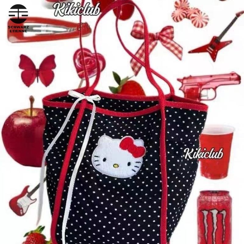 Schwarz ENTEN Hello Kitty Polka Dot Canvas Tote Bag กระเป๋าสะพายความจุขนาดใหญ่