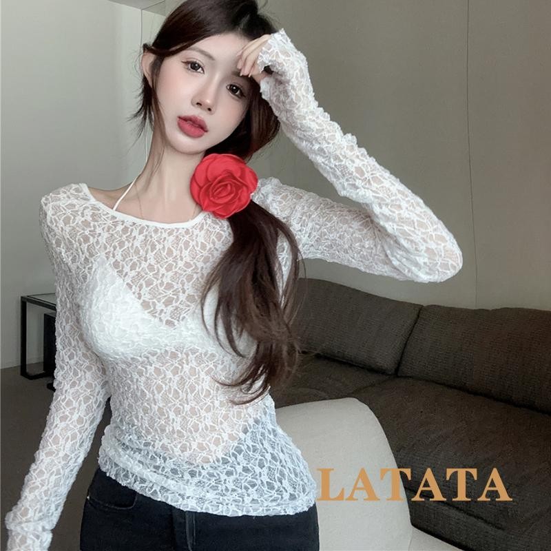 Latata-womens Sheer Tops ดอกไม้ลูกไม้ Scoop คอแขนยาว Casual Cover Ups Crop เสื้อสําหรับงานปาร์ตี้