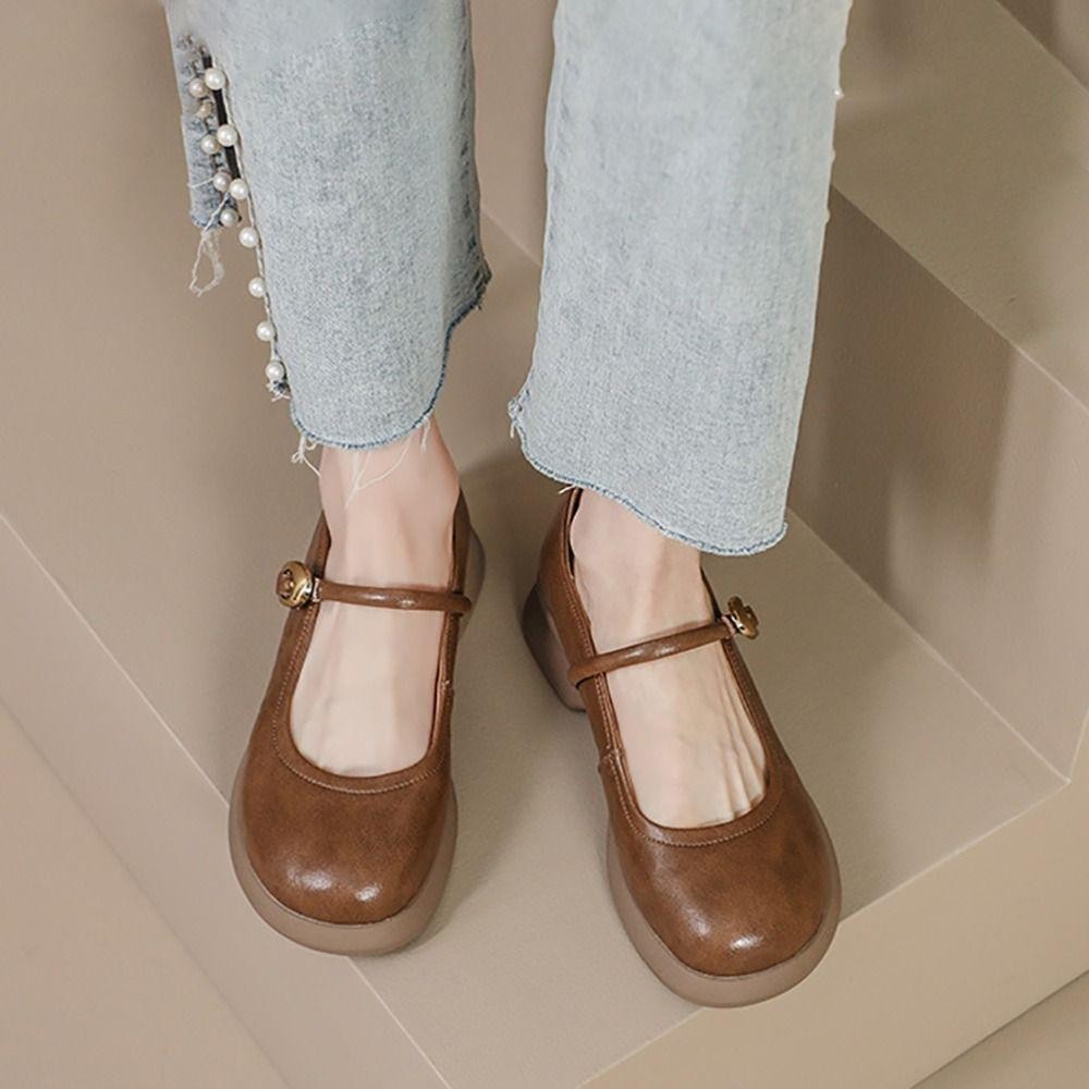 LIANPU รองเท้า Mary Jane, ปากตื้นหนังผู้หญิงรองเท้าไม่มีส้นรองเท้าแฟชั่นส้นเตี้ยสบายรอบนิ้วเท้าบัลเล่ต์แฟลต Commute - รูปที่ 2