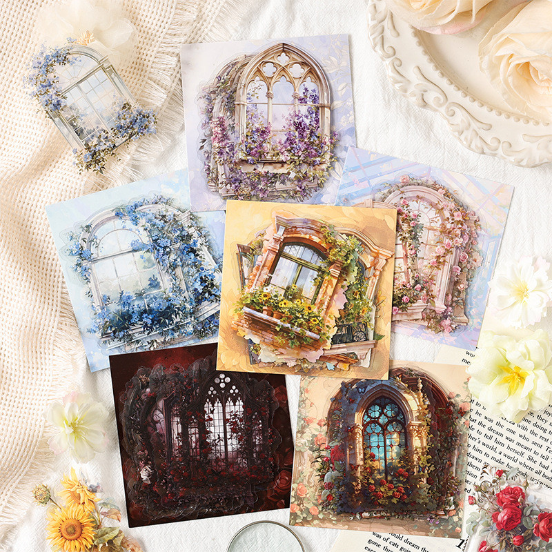 Journamm 15 ชิ้นดอกไม้หน้าต่าง Series วัสดุ PET DIY Scrapbooking Collage เครื่องเขียนตกแต่ง Junk Journal ความงามสติกเกอร์