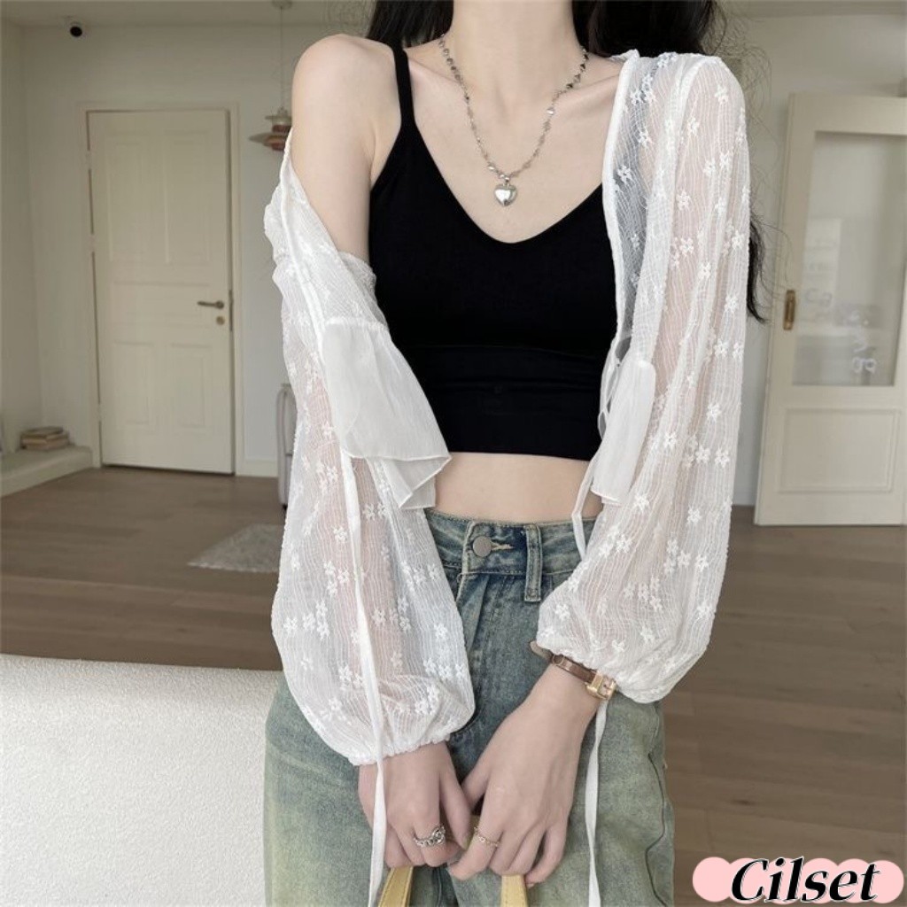Cilset🛒พร้อมส่ง🎀 เสื้อคลุมถักไหมพรมผ้าซีทรู นิ่มๆ ลวดลายลูกไม้แขนยาว ใส่กันแดด /95141 -C