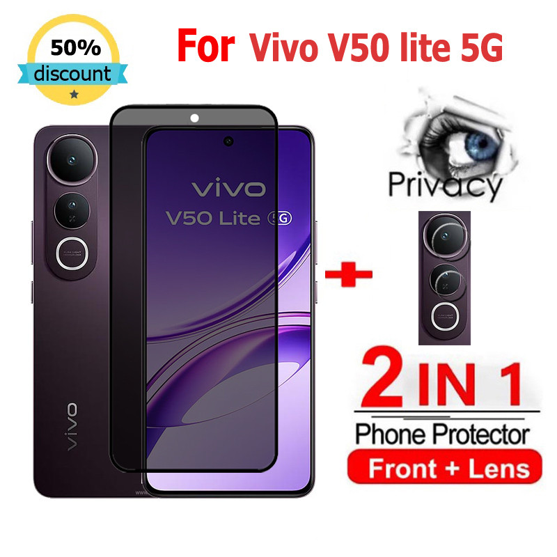 2 in 1 ฟิล์ม Vivo V50 lite 5G ฟิล์มกระจกนิรภัยกันรอยหน้าจอ กันแอบมอง เพื่อความเป็นส่วนตัว สําหรับ Vivo V50 V40 Lite V29e V30 V27 V29 Y100 V30e Y29 Y28 Y27S V27e Y78 Y27 Y36 X90 X200 Pro 5G ฟิล์มกันรอย ฟิล์มกล้อง