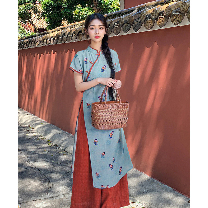 Cheongsam ทัวร์งานเลี้ยงกลางคืนสไตล์จีนใหม่สไตล์ย้อนยุคปรับปรุงกระโปรงกี่เพ้ากางเกงขากว้างพิมพ์สีตัดกันชุดสูทสไตล์จีน4.17
