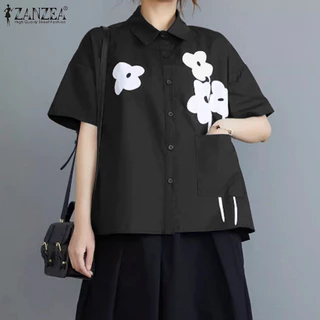 ZANZEA ใส่ ซานเซีย ผู้หญิงเกาหลีลําลองปกวางไหล่แขนสั้นเสื้อพิมพ์ลายดอกไม้